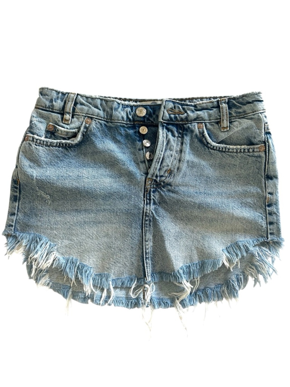 We The Free FP Sky High Western Mini Skirt Denim Jean Raw Asymmetrical Hem- 0 - Picture 12 of 16